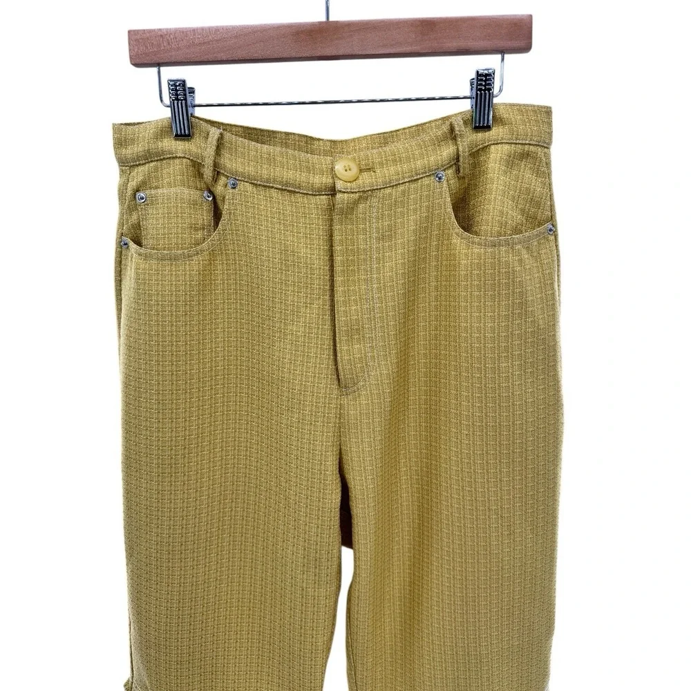 Ghospell Women's Yellow Textured Raw Seam Fringe Trousers Pants L Retro Wide Leg